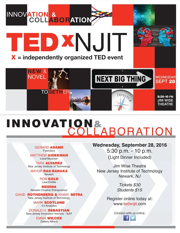 Flyer for Fall 2016 TEDxNJIT event on Innovation and Collaboration