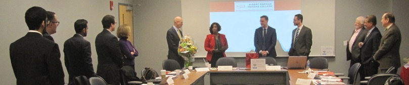 ADHC Board of Visitors Meeting on April 18, 2018 acknowledging Lois Chipepo&#039;s years of service at NJIT and Sean Duffy&#039;s board service.